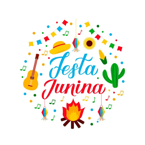 Festa Junina calligraphy lettering with flat clip art elements. Brazilian June Festival Festa de Sao Joao. Latin America holiday. Vector template for typography poster, banner, invitation, flyer, etc. — Stock Vector