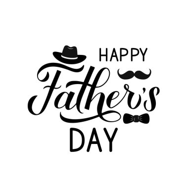Mutlu Babalar Günü hat el şapka, bıyık ve papyon beyaz izole ile yazı. Tipografi posteri, banner, tebrik kartı, el ilanı, kartpostal, davetiye için vektör şablonu kolayca düzenlenecek.