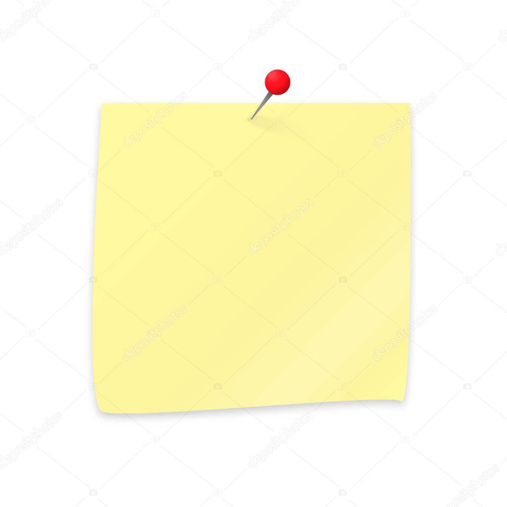 Empty sticker and pushpin isolated on white. Yellow sticky note paper clipping with red push pin. Stationery vector illustration. Easy to edit template for your design projects.