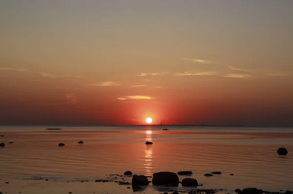 Malowniczy zachód słońca nad morzem. Odbicie słońca w wodzie. Niebo jest malowane jasnymi kolorami. Sunset Beach w letni wieczór. Zatoka fińska, Morze Bałtyckie, Petergof, Sankt-Petersburg, Rosja. — Zdjęcie stockowe