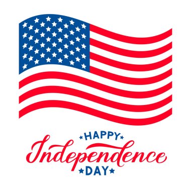 Mutlu Bağımsızlık Günü kaligrafi el yazısı ve Abd bayrağı beyaz izole. 4 Temmuz kutlama afişi. Logo tasarımı, t-shot, tebrik kartı, afiş, el ilanı için vektör şablonunu kolayca düzenleme. 