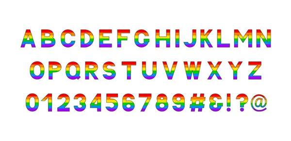 レインボーベクトルアルファベット。Lgbt コミュニティの書体。ゲイプライドサンセリフフォント。ラテン文字の大文字の記号。英語のアルファベットA-Zと数字0-9のカラフルな文字。デザインのテンプレートを簡単に編集. — ストックベクタ