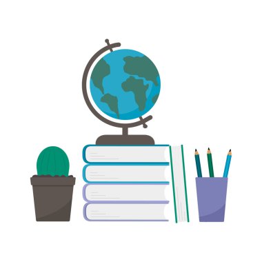 Kitap, kalem ve kaktüs beyaz izole bir yığın küre. Okula düz vektör çizimine geri dönelim. Öğrencinin işyeri. Eğitim ve öğrenme kavramı. Tasarım şablonu kolay düzenleme. 