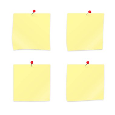 Set 4 Sarı yapışkan notlar kağıt kırmızı itme pimleri ile kırpma. Boş çıkartmalar ve pırtkalar beyaz izole. Kırtasiye vektör illüstrasyon. Tasarım projeleriniz için şablonu kolayca düzenleme.