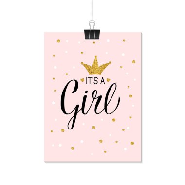 Kız tipografi sipografisi posteri. Bebek partisi kutlama teklifi. Altın dokulu taç ve konfeti ile modern kaligrafi yazı. Davet için vektör şablonu, tebrik kartı, afiş, işaret, etiket.