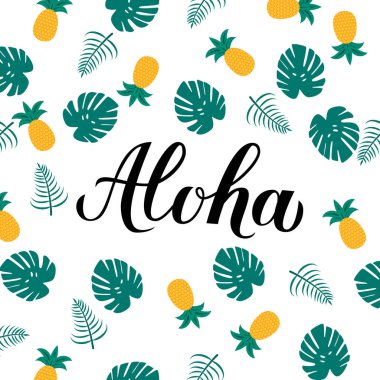 Aloha calligraphy lettering with pineapples and palm leaves. Summer holidays concept. Hand written Hawaiian language phrase hello. Vector template for logo design, banner, poster, flyer, t-shot. clipart