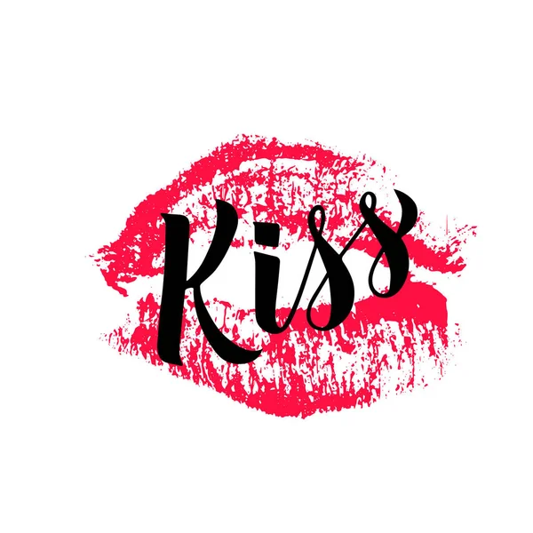 Kiss kalligrafi handskrift med läppstift kyss isolerad på vitt. Avtryck av röda läppar. Vektor mall för typografi affisch, banner, Flyer, alla hjärtans dag gratulationskort, t-Shot, mugg, inbjudan. — Stock vektor