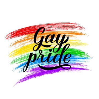 Gay Pride kaligrafi el yazısı. Gökkuşağı fırça darbesi Lgbt topluluk bayrağı. Gurur Günü, Ay, geçit töreni konsepti. Banner, poster, t-shot, el ilanı, etiket, rozet, vb için vektör şablonunu kolayca düzenlenecek.