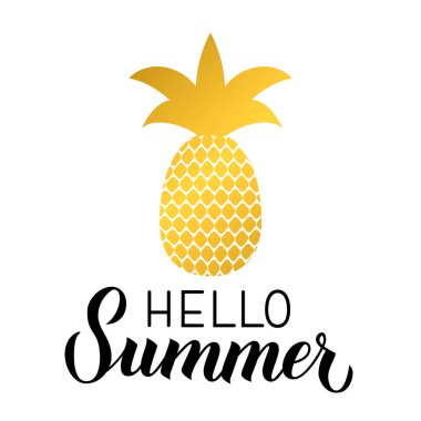 Beyaz üzerinde izole altın ananas ile Merhaba yaz kaligrafi el yazı. Inspirational mevsimlik alıntı tipografi poster. Logo tasarımı, banner, Flyer, sticker için düzenlemek kolay vektör şablonu.