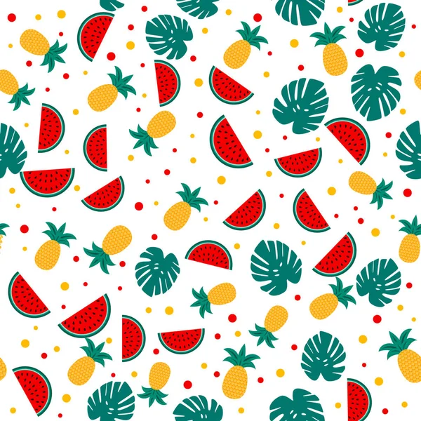 Motif estival sans couture avec pastèques, ananas et feuilles de palmier. Fond vectoriel saisonnier. Modèle facile à modifier avec pour affiche, carte, bannière, flyer, autocollant, tissu, vêtements. — Image vectorielle