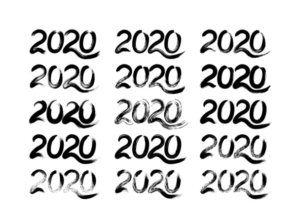 2020 ręcznie rysowane numery z pędzlem wyizolowanym na białym tle. Wektor zestaw 15 ręcznie napisane figury teksturowane na nowy rok lub święta party. Napisy do kaligrafii grunge. Łatwy do edycji szablon do projektu — Wektor stockowy