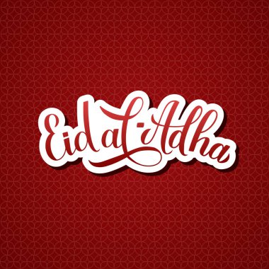 Kurban Bayramı hat yazısı kırmızı Arap desenli arka plan üzerine. Kurban Bayrami Müslüman bayram tipografisi posteri. Geleneksel İslam festivali. Banner, tebrik kartı, el ilanı için vektör şablonu.