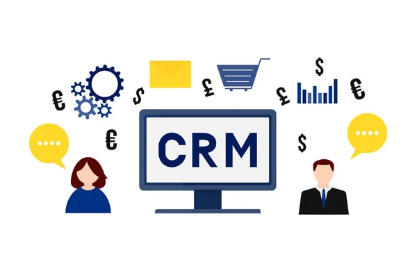 Letras de CRM en la pantalla del ordenador. Imagen vectorial de gestión de relaciones con el cliente. Software para trabajar con clientes. Tecnologías modernas de automatización empresarial . — Vector de stock