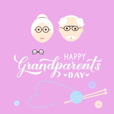 Karikatür büyükanne ve dedesi ile Happy Grandparents Day kaligrafi el yazısı. Tebrik kartı, afiş, poster, kartpostal, t-shirt, kupa, vb için vektör şablonu kolayca.