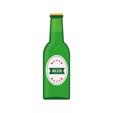 Yeşil bira şişesi beyaza yalıtılmış. Düz vektör simgesi. Bira logo tasarımı, poster, afiş, el ilanı, t-shirt, bar veya pub menü, vb için tasarım vektör elemanı düzenlemeniz kolay. 