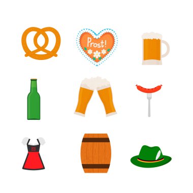 Geleneksel Oktoberfest sembolleri kalp şeklinde zencefilli, simit, kupa, gözlük, şişe, sosis, dirndl, varil, Alp şapka . Geleneksel Bavyera bira festivali. Düz vektör simgeleri kümesi.