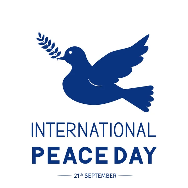 Letras del Día Internacional de la Paz con paloma voladora y sujetador de oliva — Vector de stock
