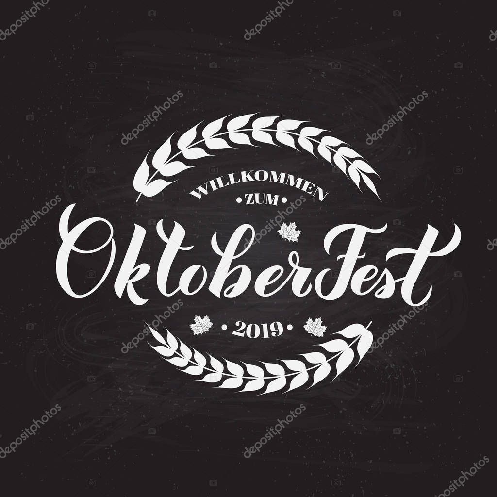 Oktoberfest calligraphy hand lettering on chalkboard background. Traditional Bavarian beer festival. Easy to edit vector template for your logo design,  poster, banner, flyer, sign, invitation.