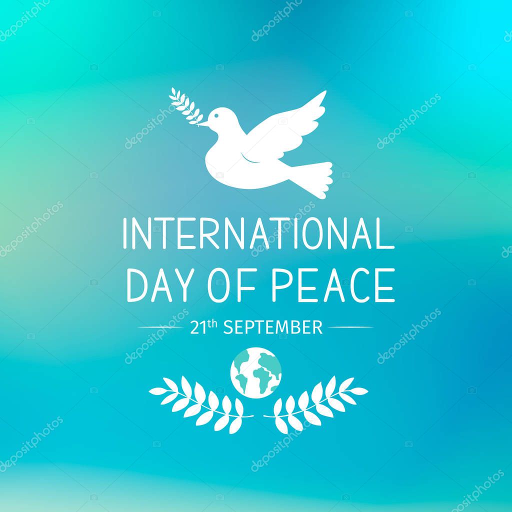 International Peace Day lettering with flying dove and olive branch. Flat vector illustration. Easy to edit template for logo design, typography poster, greeting card, postcard, banner, flyer, etc.