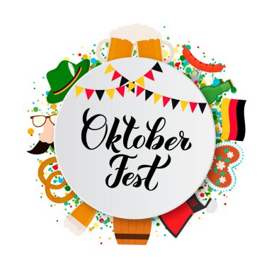 Oktoberfest kaligrafi düz tarzda geleneksel semboller ile el yazısı. Bavyera bira festivali. Logo tasarımınız, afişiniz, afişiniz, el ilanınız, davetiyeniz vb. için vektör şablonunu kolayca düzenlemeniz kolay.