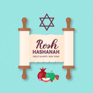 Rosh Hashanah Yahudi Yeni Yıl kaligrafi el eski kaydırma kağıt üzerinde yazı. Banner, tipografi posteri, tebrik kartı, davetiye, el ilanı için vektör şablonu kolayca düzenlenecek.