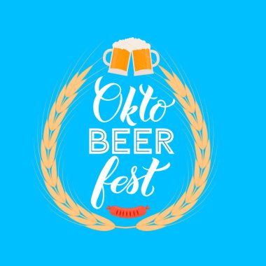 Oktoberfest el yazısı mavi arka planda. Geleneksel Bavyera bira festivali. Logo tasarımınız için vektör şablonunu düzenlemek kolay, poster, afiş, broşür, t-shirt, davetiye vs..