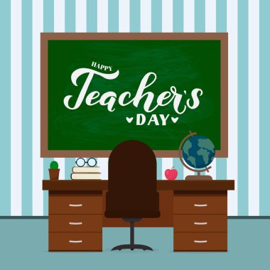 Mutlu Öğretmenler Günü kaligrafi el ahşap çerçeve ve güverte ile yeşil tahta üzerinde yazı . Tipografi posteri, banner, el ilanı, tebrik kartı, kartpostal, işaret vb. için vektör şablonu kolayca düzenlenecek.