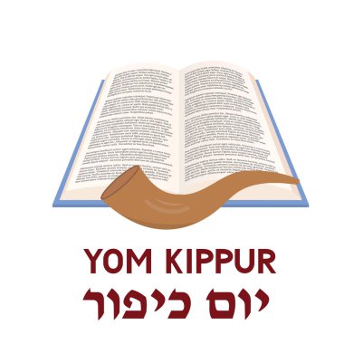 Kitap, shofar ve harflerle Kefar Yahudi tatil tipografi posteri Yom Kippur Günü. Kolay için vektör şablonu, tebrik kartı, afiş, el ilanı için.