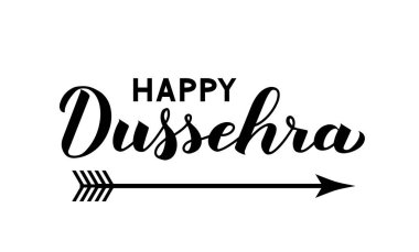 Mutlu Dussehra el yazısı beyaz izole ok ile. Geleneksel Hindu tatil vektör illüstrasyon. Tipografi posteri, afiş, el ilanı, davetiye vb. için şablonu kolayca difama.