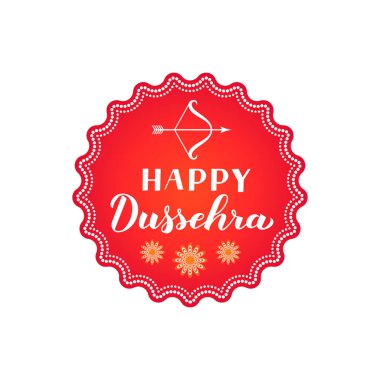 Mutlu Dussehra el yay ve ok ile yazı. Geleneksel Hindu festivali vektör illüstrasyon. Tipografi posteri, afiş, el ilanı, davetiye, rozet vb. için şablonu kolayca difama.