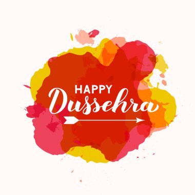 Mutlu Dussehra el boya lekeleri arka plan üzerinde ok ile yazı. Geleneksel Hindu tatil vektör illüstrasyon. Tipografi posteri, afiş, el ilanı, davetiye vb. için şablonu kolayca difama.