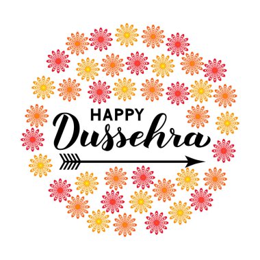 Mutlu Dussehra el ok ile yazı. Geleneksel Hint tatil vektör illüstrasyon. Tebrik kartı, tipografi afişi, afiş, el ilanı, davetiye vb. için şablonu kolayca difama.