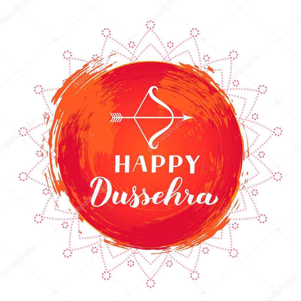 Happy Dussehra hand lettering with bow and arrow. Traditional Indian holiday vector illustration. Easy to edit template for typography poster, banner, flyer, invitation, etc.