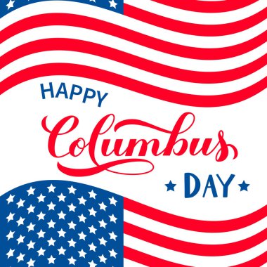 Kolomb Günü el yazısı ve beyaza izole edilmiş Usa bayrağı. Amerika, tatil tipografisi posterini keşfetti. Pankart, broşür, etiket, tebrik kartı, tişört vs. için vektör şablonu.