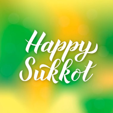 Gradyan arka planda Mutlu Sukkot el yazısı harfleri. Yahudi geleneksel bayram tipografi posteri. Pankart, tebrik kartı, kartpostal vs. için vektör şablonu.