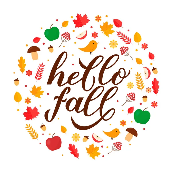 Hello fall calligraphy hand lettering in circle frame of leaves and acorns. Autumn seasonal inspirational quote typography poster. Easy to edit vector template for banner, flyer, sticker, postcard. — ストックベクタ