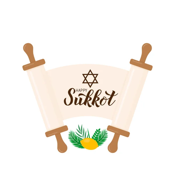 Sukkot hand lettering with scroll paper, etrog, lulav, Arava, Hadas leaves isolated on white. Jewish traditional holiday typography poster. Vector template for banner, greeting card, postcard, etc. — ストックベクタ