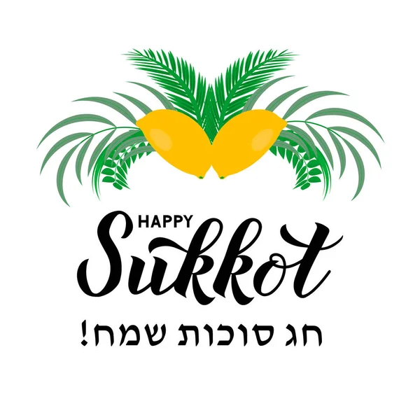 Happy Sukkot calligraphy lettering with four species etrog, lulav, Arava, Hadas leaves. Jewish traditional holiday celebration poster. Vector template for banner, greeting card, postcard. — ストックベクタ