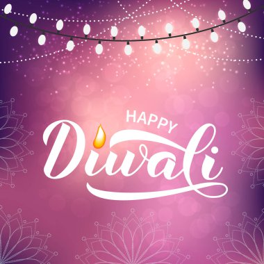 Mutlu Diwali el yazısı yazmaları ateşle yazılıyor. Geleneksel Hindu ışık tipografi afişi festivali. Pankart, el ilanı, çıkartma, kartpostal, tebrik kartı için vektör şablonunu düzenlemek kolay.