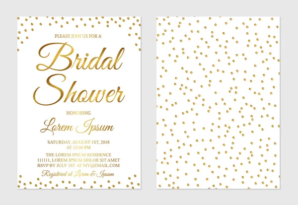 Cartão de convite do chuveiro nupcial de confete de ouro frente e verso . — Vetor de Stock