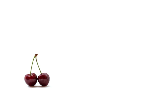 Two sweet cherries isolated on white with copy space for your te — Stock Photo, Image