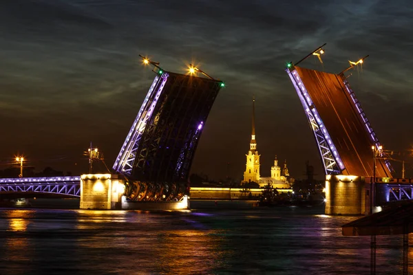 Zdekoncentrowany krajobraz miasta podniesiony most pałacowy nad rzeką Nev — Zdjęcie stockowe