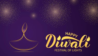 Mutlu Diwali kaligrafi harfleri, yanan diya mumu ve altın havai fişekler. Geleneksel Hint ışık festivali tipografi posteri. Pankart, el ilanı, kartpostal, tebrik kartı vs. için vektör şablonu