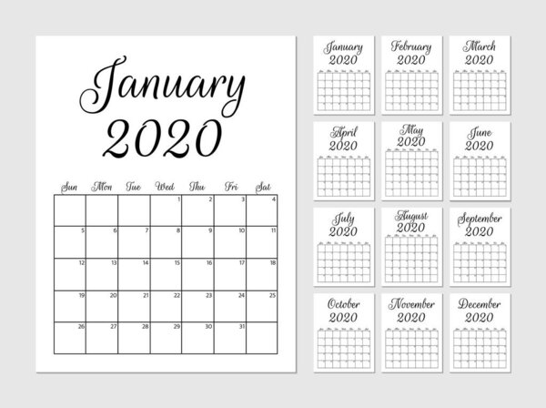 Monthly planner 2020 template. Vector calendar week starts Sunda
