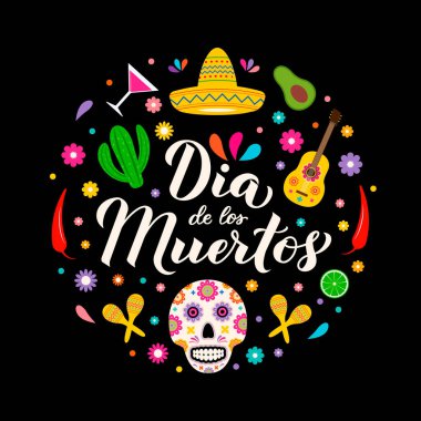 Dia de los Muertos el yazısı harfleri, şeker kafatası, gitar, marakas ve çiçekler. Latin Amerika Ölü Afişi Günü. Tebrik kartı, afiş, poster, davet için vektör şablonu