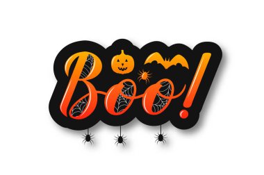 Beyaz üzerinde balkabağı, yarasa ve örümcekler olan Boo el yazısı etiketi. Cadılar Bayramı tebrik kartı, afiş, tipografi posteri, parti davetiyesi, tişört vs. için vektör şablonunu düzenlemek kolay.