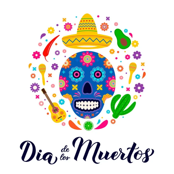 Caligrafía Dia de los Muertos con letras de mano con calavera de azúcar, maracas, guitarra y flores. Fiesta de América Latina Bandera del Día de los Muertos. Plantilla vectorial para tarjeta de felicitación, banner, póster, invitación — Vector de stock