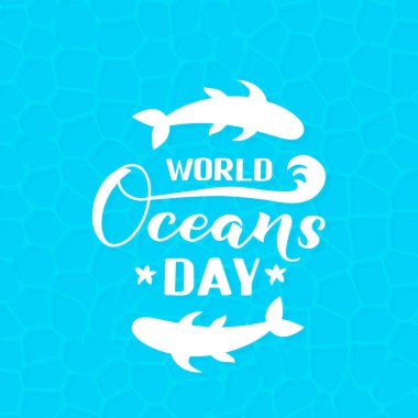 Dünya Okyanuslar Günü el yazısı mavi su yüzeyi arka planında. Çevre koruma kavramı. Tipografi posteri, afiş, broşür, etiket, logo vs. için vektör şablonu.