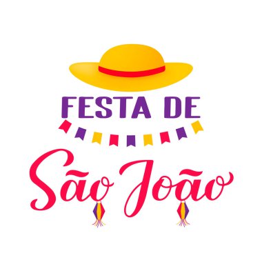 Festa de Sao Joao el yazısı kağıt fenerlerle yazılmış. Bayraklar ve sarı şapka. Brezilya Haziran bayramı Festa Junina. Tipografi posteri, afişi, davetiyesi, el ilanı için vektör şablonu, vs..