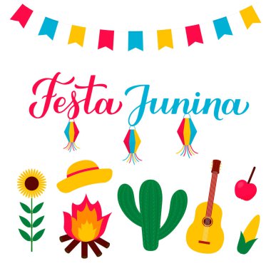Festa Junina el yazısı, bayraklar, kağıt fenerler kaktüs ve gitarla birlikte. Brezilya Haziran tatili Festa de Sao Joao. Tipografi posteri, afişi, davetiyesi, el ilanı için vektör şablonu, vs..